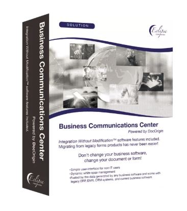 software box image for Business Communications Center software provided by DocOrigin and Eclipse Corp. for creative white space management