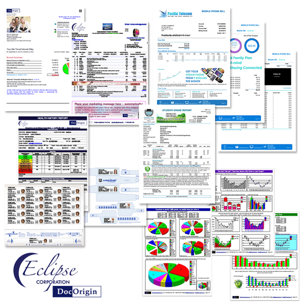 collage of forms, labels and documents generated with DocOrigin software