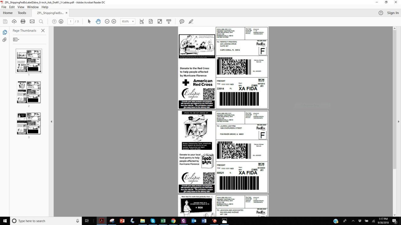 A screen shot depicting labels in the process of design being previewed in a PDF viewer.